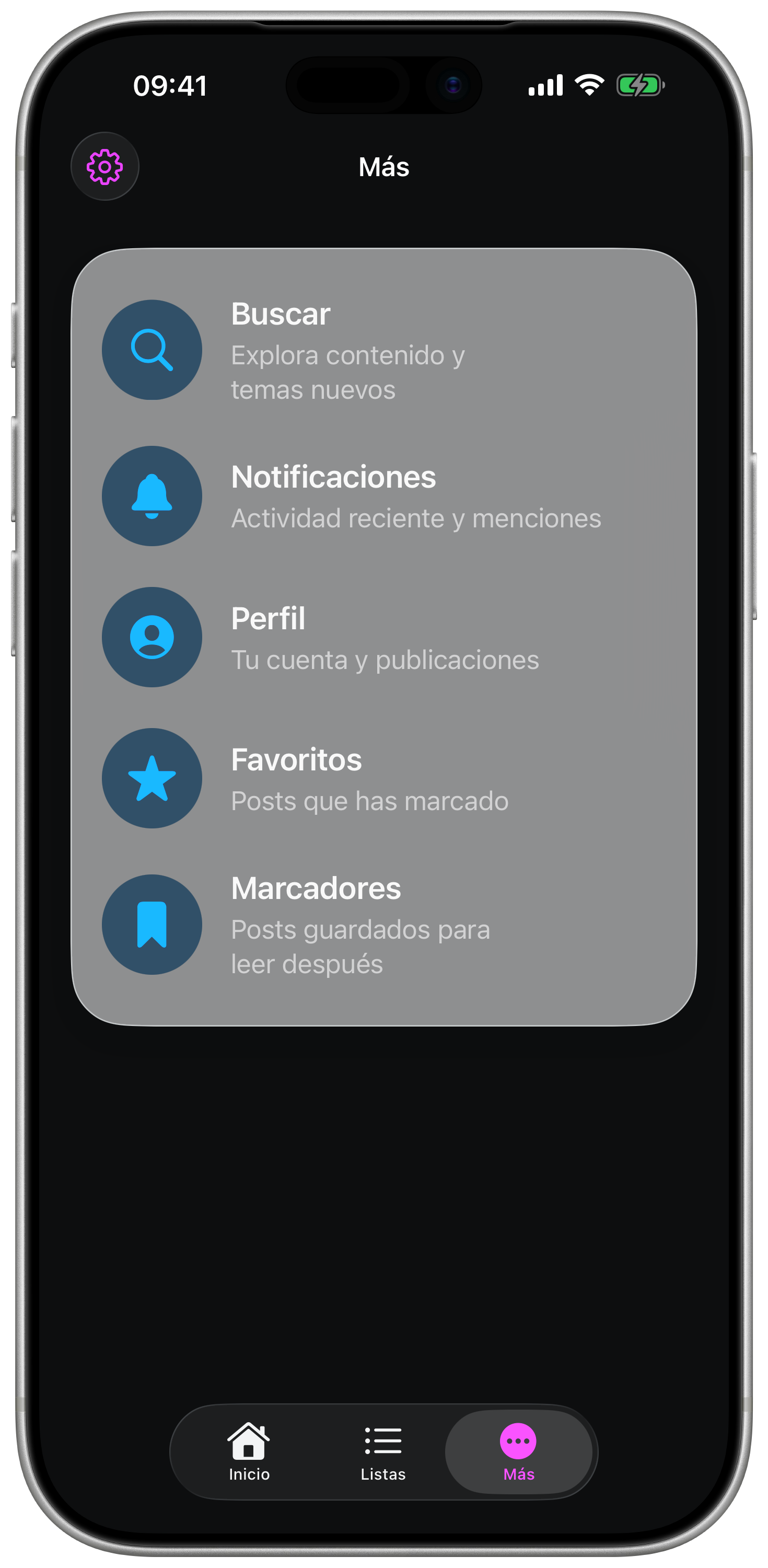Sección Más con acceso a búsqueda, perfil, favoritos y marcadores