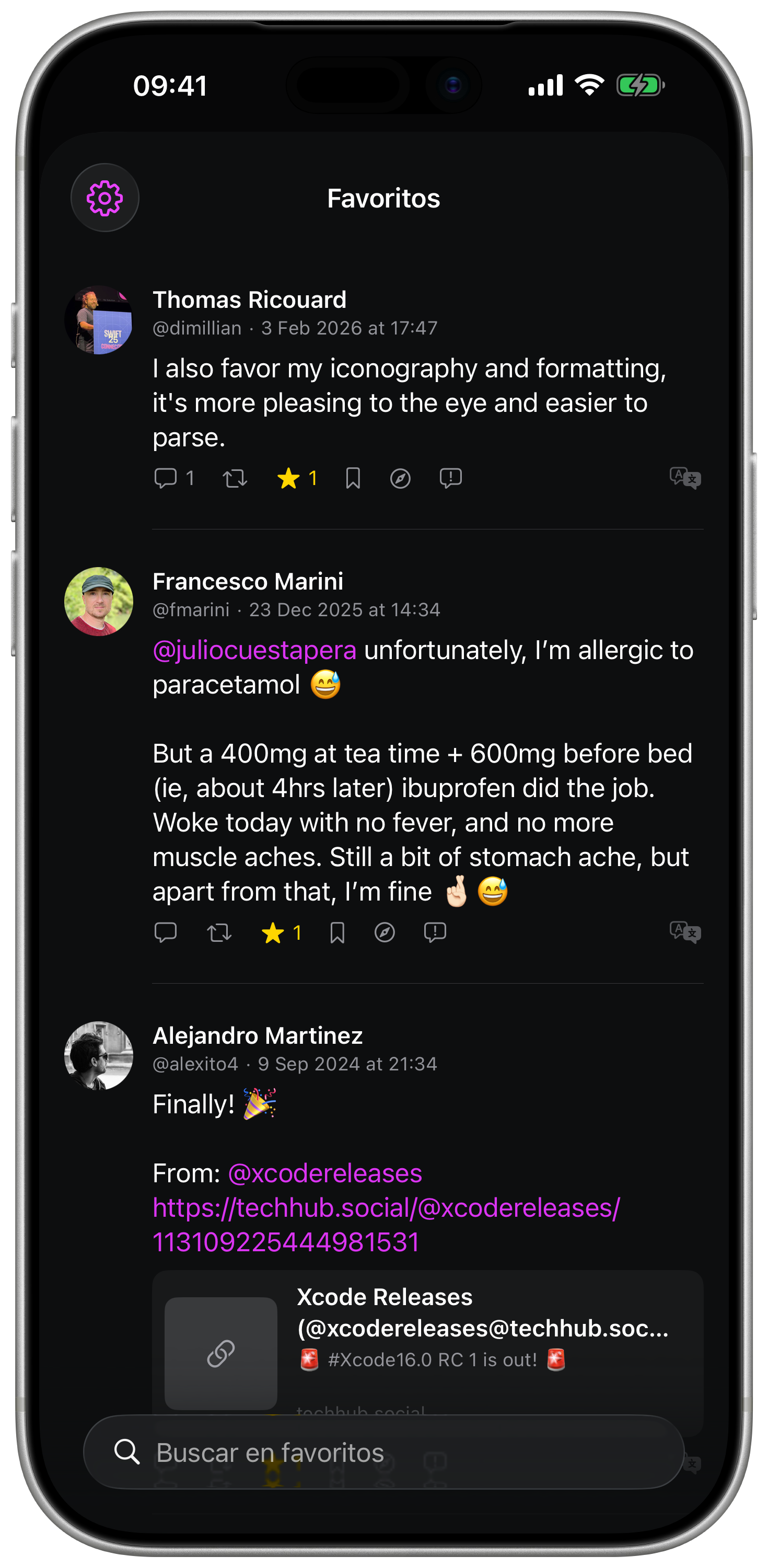 Pantalla de favoritos en ReaderMastodon