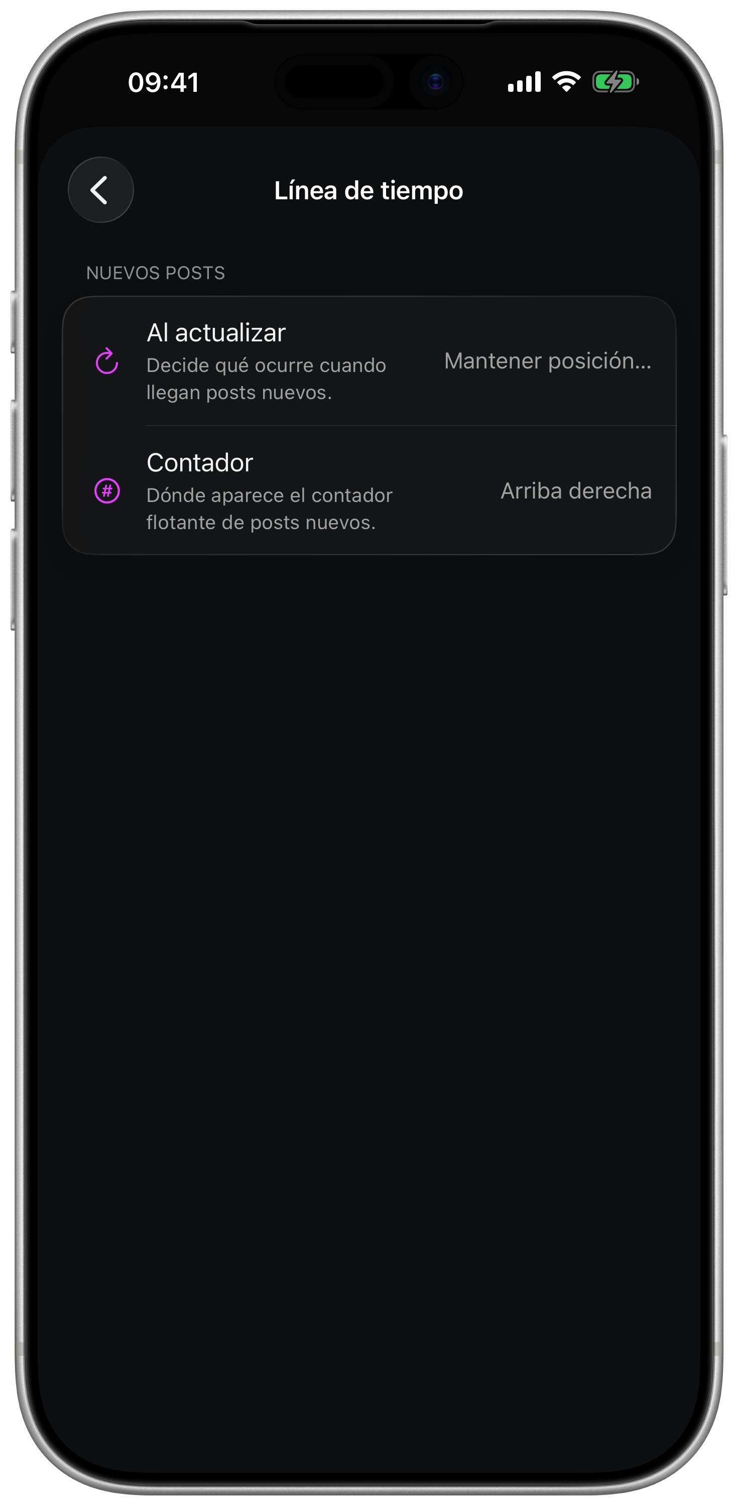 Ajustes de línea de tiempo en ReaderMastodon