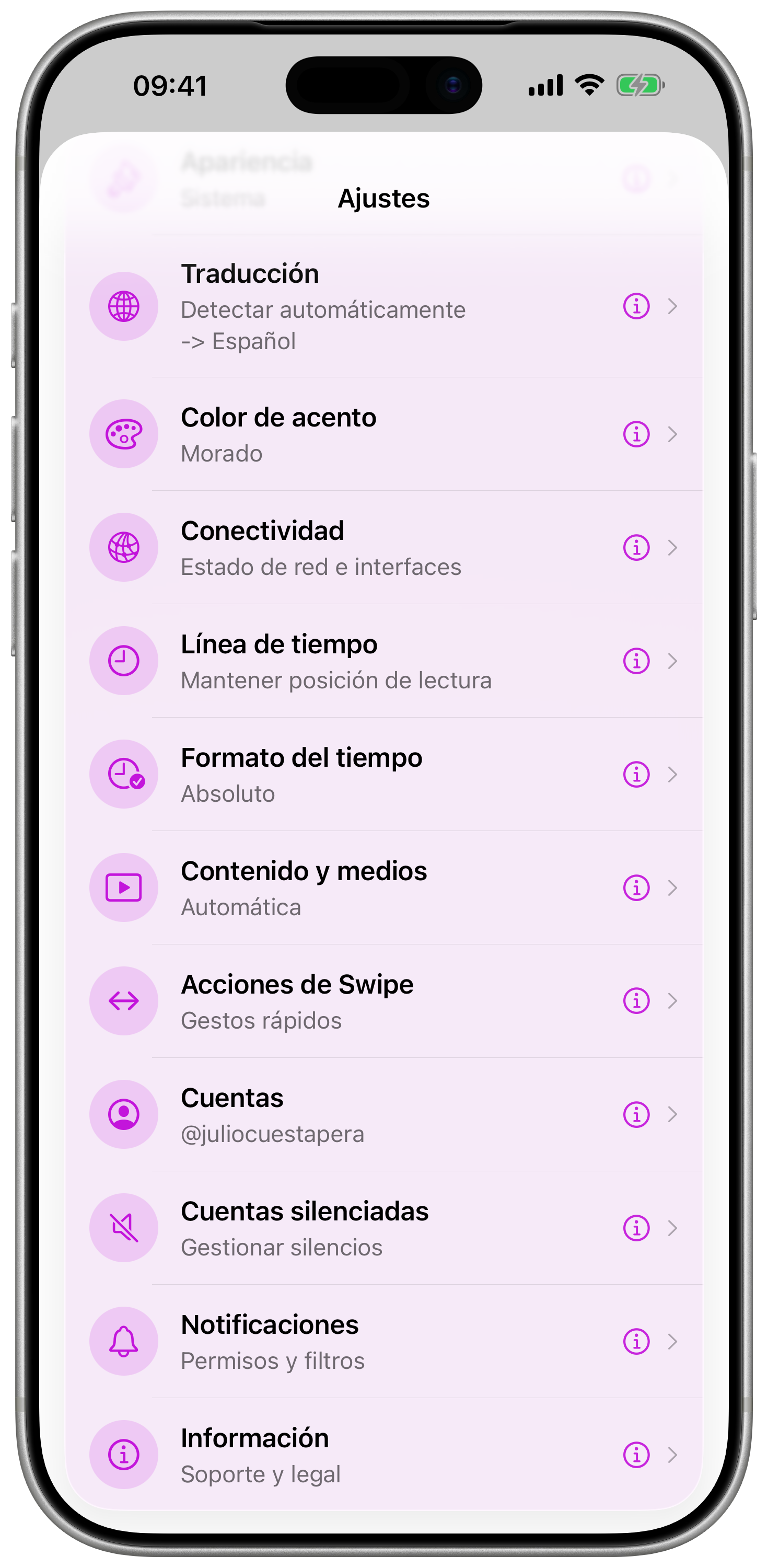 Ajustes de ReaderMastodon en modo claro